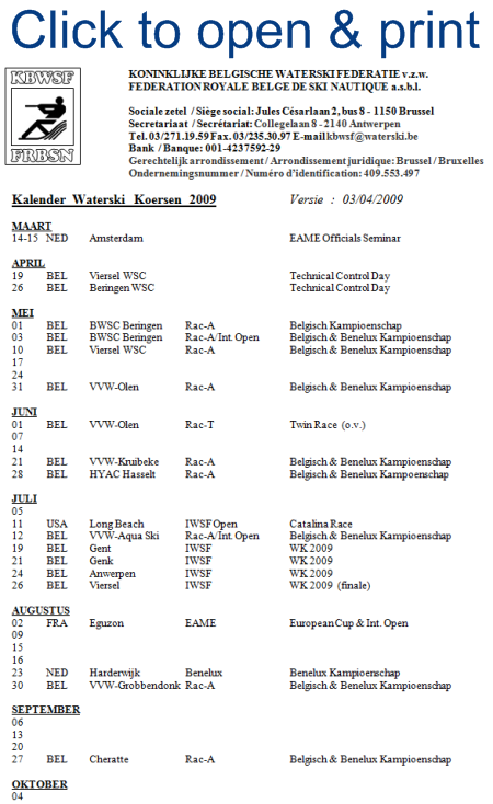 2009 Belgian Water Ski Racing Calendar