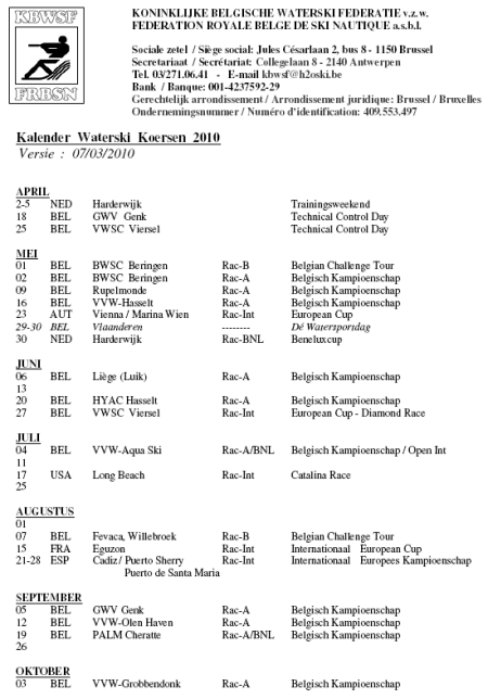 KBWSF – Belgian Racing Calendar 2010
